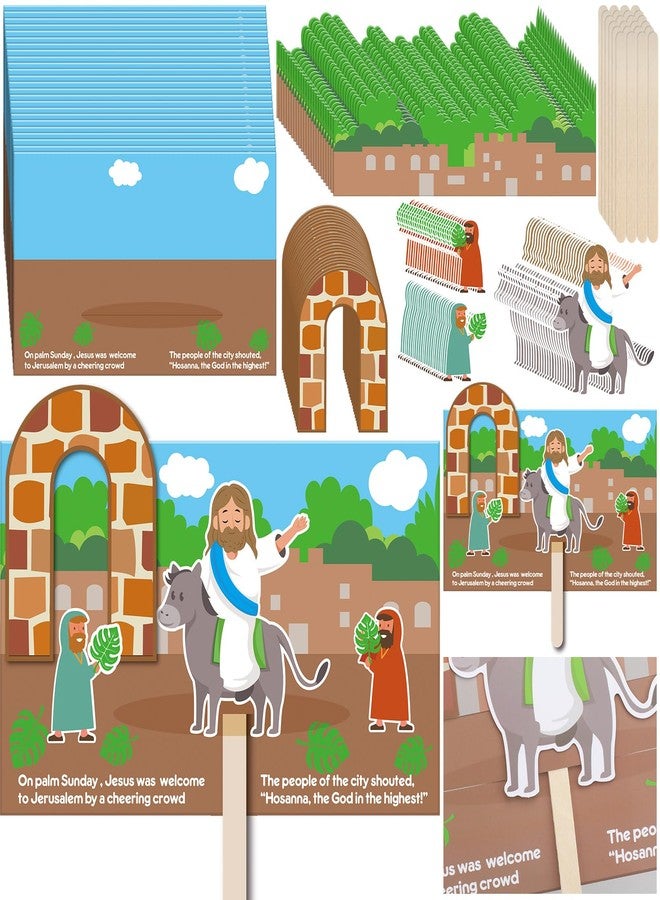 Lunmon 24 Sets Easter Craft for Kids Bulk Jesus Enters Jerusalem Craft Kit with Pre Printed with The Story of Jesus Entering Jerusalem Small Wooden Stick for Easter Sunday School Classroom Activities - Image 1